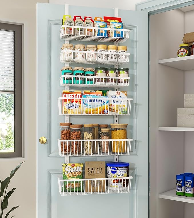 Over The Door Pantry Organizer, Pantry Organization and Storage, 6-Tier Deep Baskets Hanging Heavy-Duty Metal, Wall Spice Rack Seasoning Shelves for Home & Kitchen, Laundry Room Bathroom, White