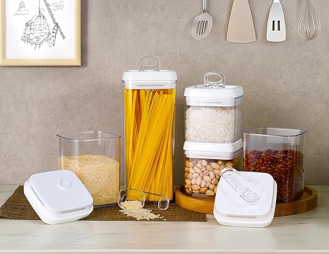Felli Flip Tite Storage Container with Built-In Spoon & Airtight Lid 5” Large-M Ring Flip Top, Stackable Acrylic Canister for Sugar Flour Powder, Kitchen Pantry Organizer (1.8qt) - 2 spoons only