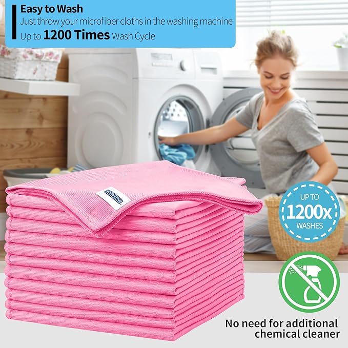 HOMERHYME Microfiber Cleaning Cloth, 12 Pack Window Glasses Cleaning Cloth, Reusable Lint-Free Streak Free Polishing Cloth Wipes for Stainless Steel, Eyeglasses, Mirrors, Screens & Lenses,12"*12" Pink