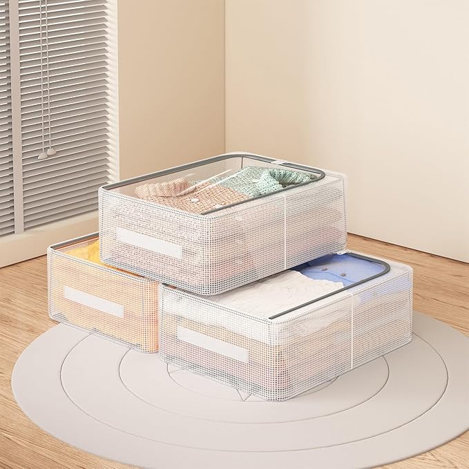 Stackable Shoe Boxes with Clear Lids, 15.8-Inch Boot Storage Bins with Handles for Bedroom Dormitory Under-Bed (3 Pack, 19Qt, 15.8x11.8x6in)