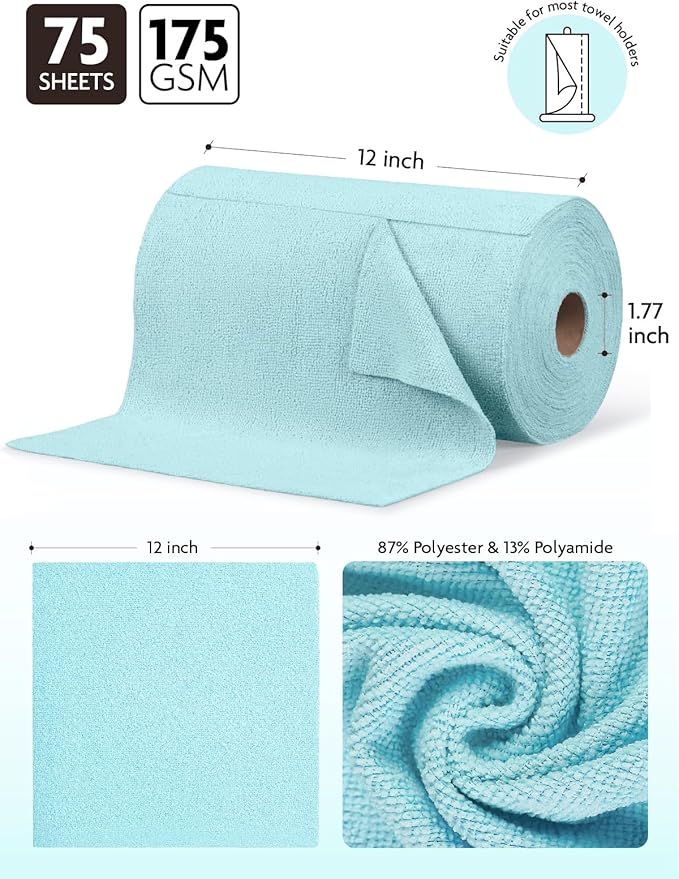 Fantasticlean Microfiber Cleaning Cloth Roll -75 Pack, Tear Away Microfiber Towels, 12" x 12", Reusable, Washable, Scratch Free, Ultra Absorbent Dishcloth for All-Around Cleaning Supplies (Blue)