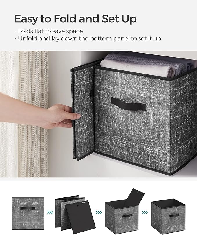 SONGMICS Storage Cubes, 13-Inch Non-Woven Fabric Bins with Double Handles, Set of 6, Closet Organizers for Shelves, Foldable, for Clothes, Classic Black UROB033B01
