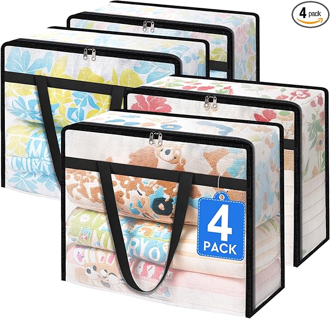 4 Pack Clear Storage Bags for Comforter, Clothes & Bedding, Plastic Blanket Storage with Zipper and Handle, Moving Bags, Closet Organizer and Under-Bed Storage (40L)