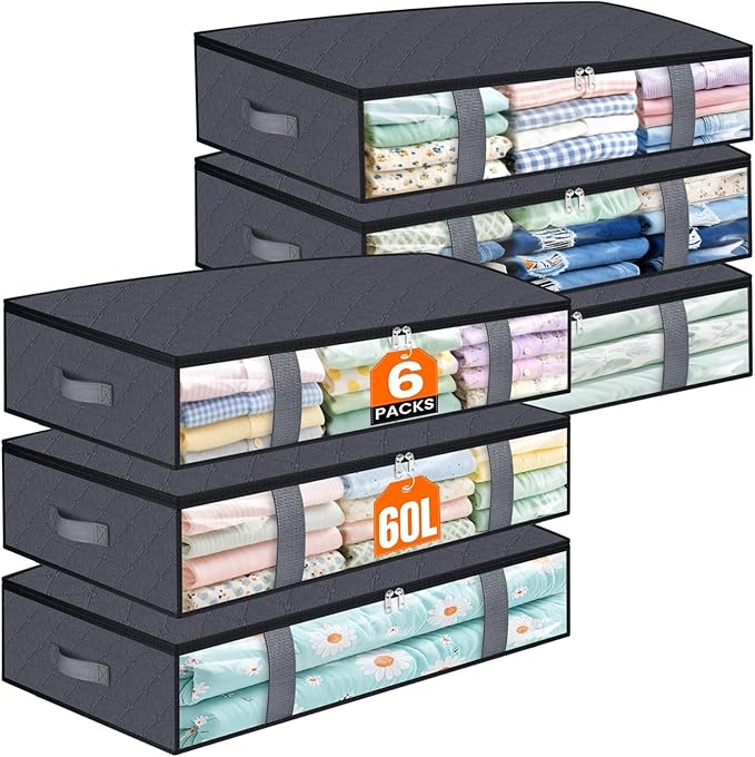 Under Bed Storage Containers, 6 Pack Blanket Storage Bags, Collapsible Storage Bags with Big Zippers, Clear Front, Shoe Storage and Organization for Clothes, Comforter, 60L, Grey