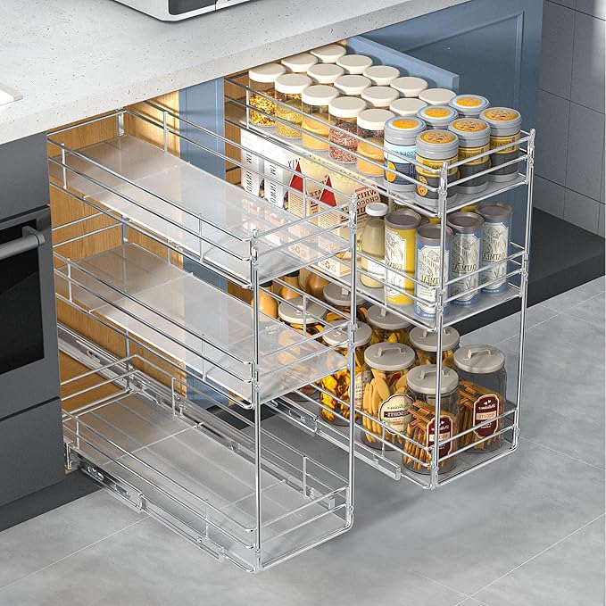 Pull Out Spice Rack Cabinet Organizer (8" W X 20½" D),3 Tier Slide Out Drawer for Narrow Cabinet, Pull Out Shelves Under Cabinet Storage for Kitchen