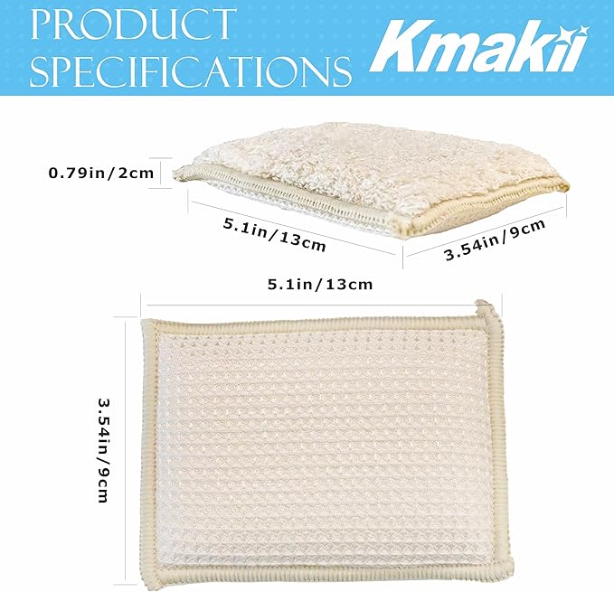 KMAKII Bamboo Kitchen Sponges Dish Sponges Natural Cleaning Sponges Beige 6 Pack
