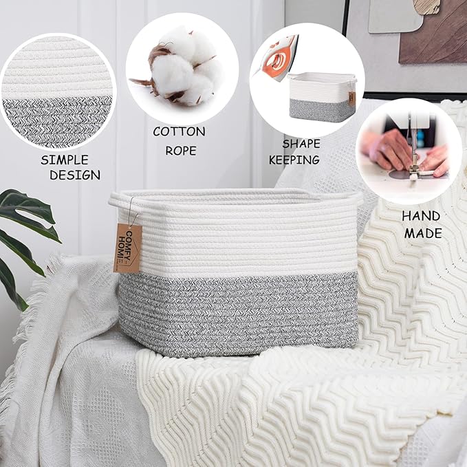 COMFY-HOMI 3-Pack Cotton Rope Woven Rectangular Basket with Handles for Organizing, 13.5" x 11" x 9.5", White/Grey