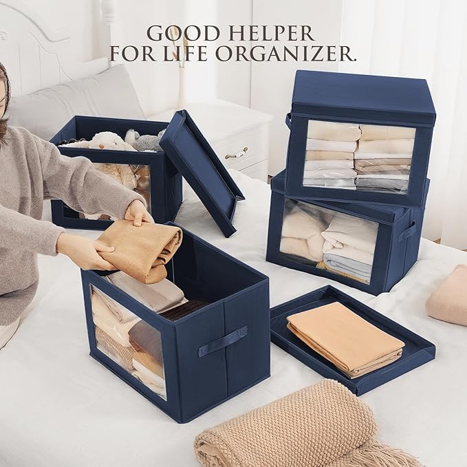 Stackable Storage Bins with Lids - Large Decorative Basket with Lids, Fabric Foldable Closet Organizer Bins, Shelf Organizer for Living Room, Dorm, 5 Pack, Navy Blue