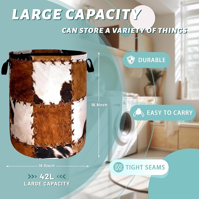 Retro Cows Print Laundry Basket Cow Cowhide Brown Funny Laundry Hamper Foldable Oxford Cloth Animal Tote Bag Clothe Toy Storage Bucket 18.9"x16.5"For Bathroom/Laundry Storage/Bedroom