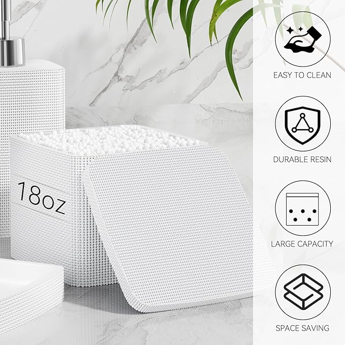 White Bathroom Accessories Set 5 Pieces, Resin Toothbrush Holders Set Complete with Soap Dispenser, Toothbrush Holder, Vanity Tray, Bathroom Tumbler and Qtip Holder for Small Spaces
