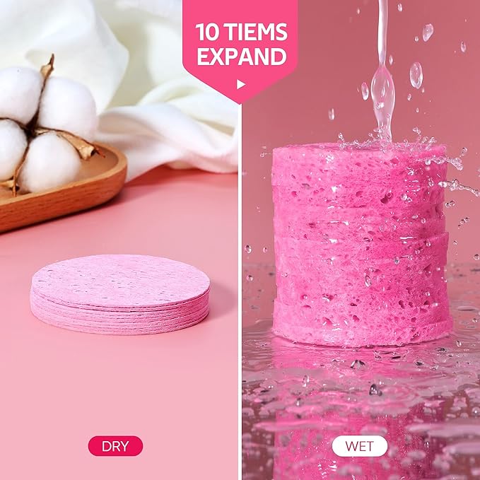 GAINWELL 50-Count Compressed Facial Sponges with Storage Container, for Facial Cleansing, Reusable Makeup Remover, Portable, Suitable for Travel, Pink