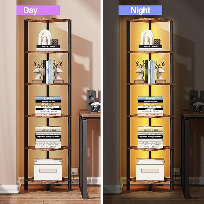 TUTOTAK Corner Shelf with LED Light, 6-Tier Corner Bookshelf for Small Space, Narrow Display Corner Shelf Stand with Storage Rack, for Living Room, Bedroom, Rustic Brown BS08BB006L