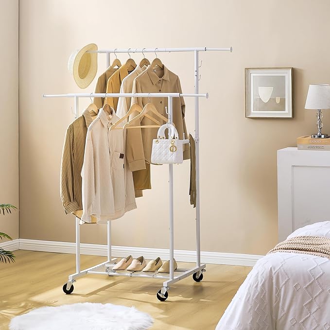 Gewudraw Double Rod Garment Rack, Heavy Duty Rolling Clothes Rack with Wheels For Hanging Clothes, Portable Metal Clothing Rack with Shelves,White, 64.2in Chrome