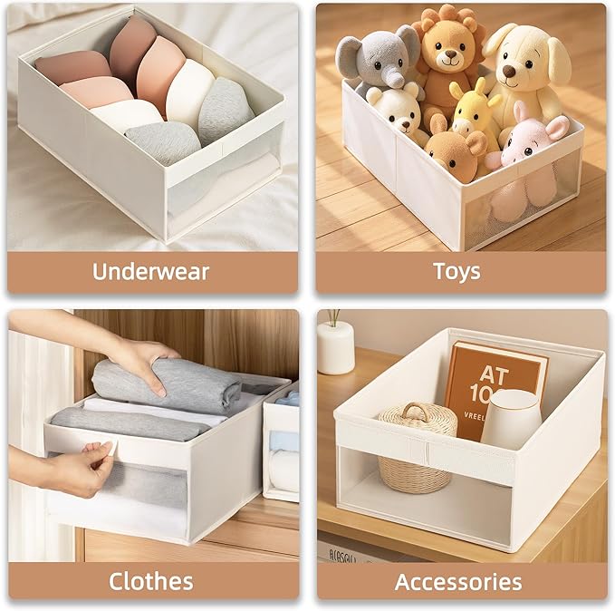 STORAGE MANIAC 6 Pack Storage Bins with Clear Window, Storage Boxes for Shelves, Sturdy Foldable Closet Organization Fabric Shelf Basket for Toy, Towel, Book, Jeans, Offices, Dorm, Wardrobe, Beige