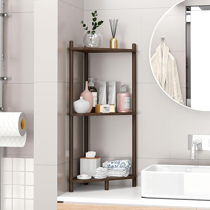 Corner Shelf Stand - 3 Tier Bamboo Small Corner Bookshelf for Office Kitchen Bedroom Plant Stand Living Room Decor Small Space (Brown，3 Tier)