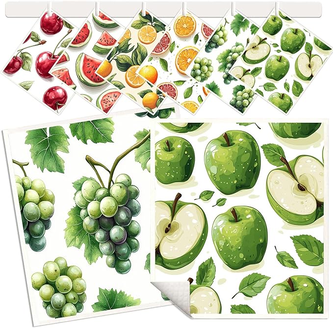 6 Pack Swedish Dishcloths for Kitchen - Reusable Dish Paper Towels Cloths Washable,Absorbent Cellulose Cleaning Sponge Cloth Wipes Quick Dry, Decorative Tea Towels,No Odor Biodegradable(Fruit)