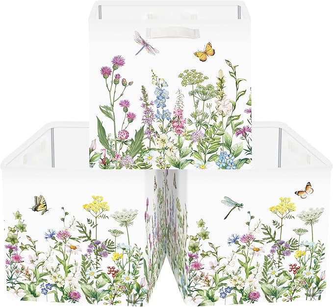 Clastyle Flowers Storage Cube Organizer Set Handle Closet Clothes Cube with Metal Frame Foldable Parents Organizer Storage Basket for Book Toy,Green,11.8x11.8x11.8 in