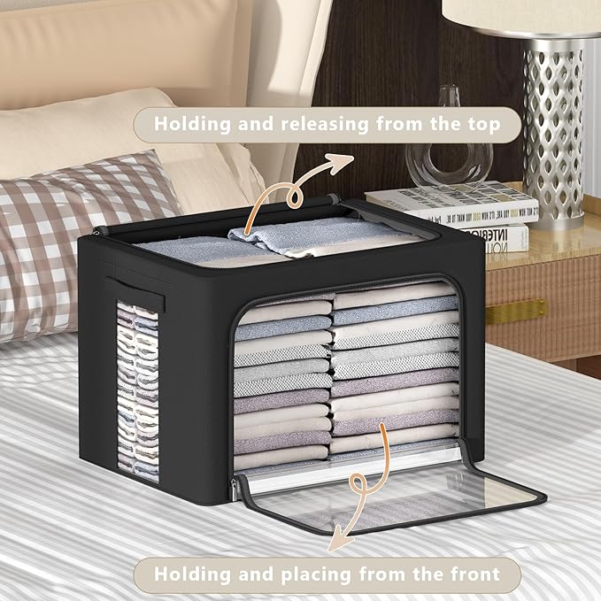 CYhom 3Pack Frame Storage Box - Clothes Storage Bin Bags Oxford Fabric Foldable Stackable Container Organizer Set with Clear Window & Carry Handles (Black, X-Small-36L)