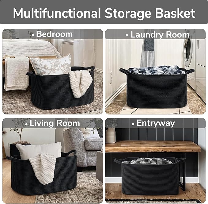 Goodpick Large Blanket Basket Living Room, 21.6" x 14.9" x 11.8" Woven Storage Basket for Blankets, Toys, Rectangle Rope Dirty Clothes Baskets for Nursery, Bedroom, Black