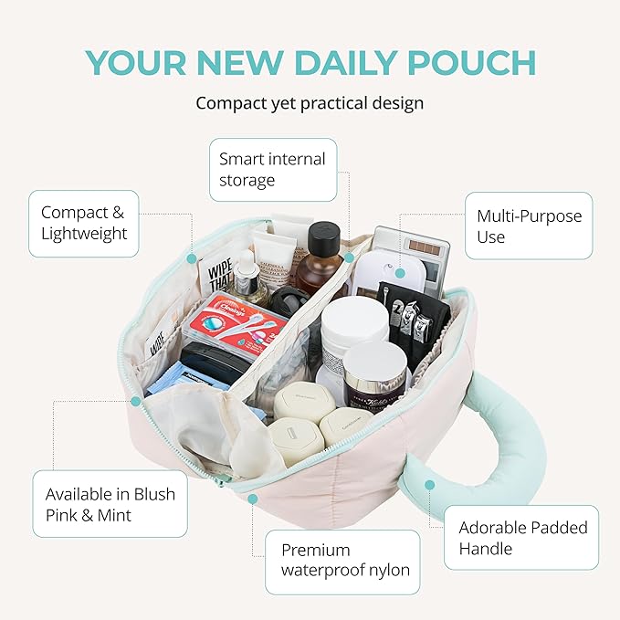 Tuck Hanging Toiletry Bag - Water-Resistant Travel Makeup Organizer with Spacious Compartments & Padded Handle for Women (Blush Petal & Mint) (Fold Travel Makeup Bag)