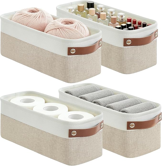 Small Fabric Storage Baskets, 15x6x5 inch Narrow Storage Bins 4-Pack Long Storage Basket for Organizing with Handles, Decorative Basket for Closets, Shelves, Toilet Paper, Beige