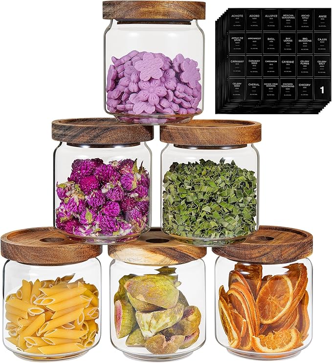 Patoper Small Glass Jars with Labels Spice Jar Round Storage Canister with Wooden Lid Clear Glass Food Jar for Pantry Sugar Tea Coffee Bean Spice Nuts Cookies Bath Salts (6 * 420ml(14oz))