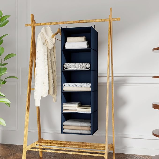 Hanging Closet Organizer and Storage 5-Shelf, Easy Mount Foldable Hanging Closet Wardrobe Storage Shelves, Clothes Handbag Shoes Accessories Storage, Washable Oxford Cloth Fabric, Navy Blue