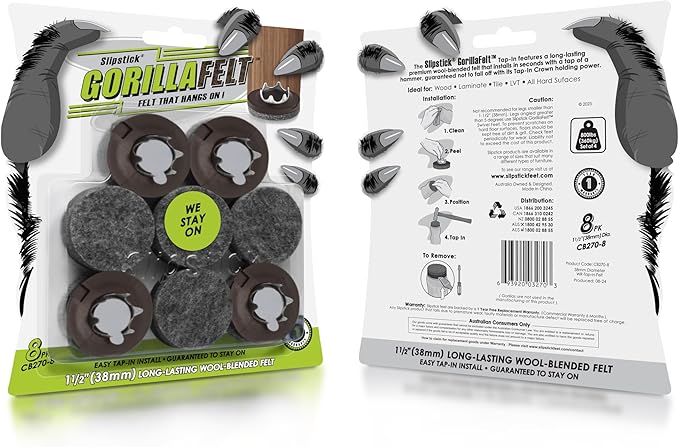 Slipstick GorillaFelt 1-1/2 Inch Felt Glides/Furniture Feet Floor Protectors (Set of 8 Sliders) Nail On Felt Furniture Pads Guaranteed to Stay On, Round, CB270-8