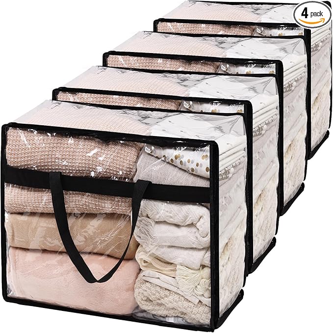 SGHUO Blanket Storage Bags 60L Extra Large Plastic Vinyl Clear Storage Bag for Clothes, Comforter, Bedding, Moving Bags with Zipper and Reinforced Handle (4pcs)