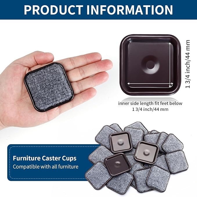Ezprotekt 1 3/4" Square Carpet Bottom Furniture Caster Cups, 16 Pcs Reusable Furniture Coasters, Felt Furniture Sliders Pads to Protect Hardwood, Tile or Carpetd Floors from Scratches (Brown/Gray)