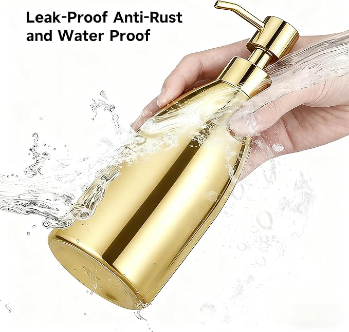 304 Stainless Steel Soap Dispenser 16oz Rust-Proof Liquid Soap Pump Bottle for Kitchen or Bathroom Countertop Hand Dish Lotion Leak-Proof (Polished Gold)