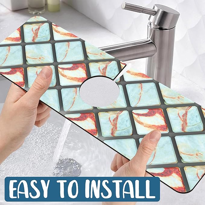 Rendering Marble Sink Splash Guard Faucet Mat Blue Wall Tiles Super Absorbent Fast Drying Mat Sink Gadgets-Splash Guard Behind Faucet Drip Catcher for Kitchen Bathroom, 15.5"x5.5"