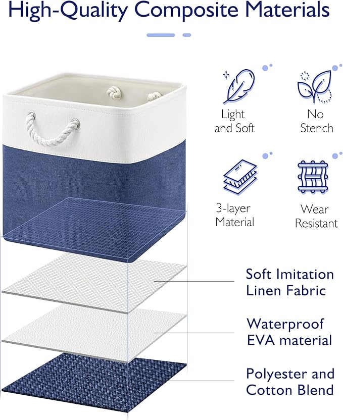 13x13x13 Cube Storage Bins,4 Pack Large Foldable Fabric Storage Cubes with Handles for Organizing Home, Closet, Shelf, Office(White&Blue)
