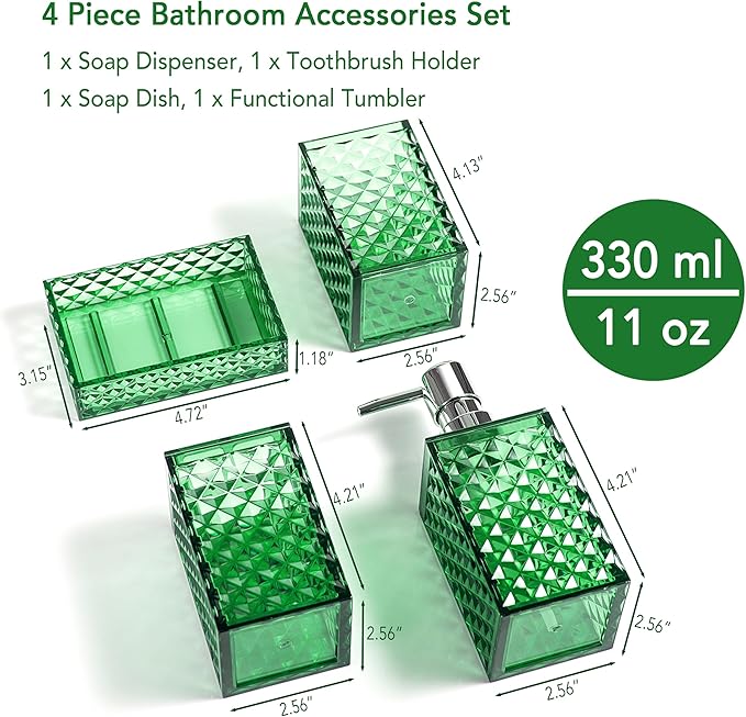Bathroom Accessory Set, 4 PCS Green Bathroom Accessories Sets, Diamond Pattern Bathroom Soap Dispenser and Toothbrush Holder Sets Accessories Contain Soap Dish Tumbler, Boho Bathroom Décor