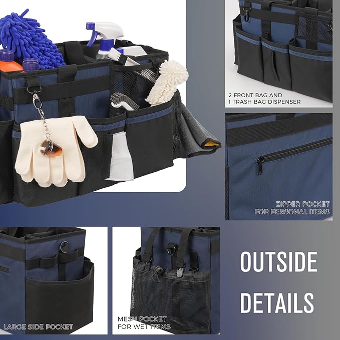 Wearable Cleaning Caddy, Cleaning Caddy Supplies Organizer with Handle & Shoulder Straps for Housekeepers, Under Sink & Car Cleaning Tool Organizers Bag with 4 Foldable Divider (NavyBlue)