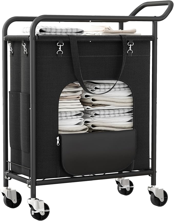 Laundry Basket with Wheels,114L Large Rolling Laundry Hamper, Heavy-Duty Laundry Cart Sturdy Metal Frame with Handle, Minimizes Bending Easy Access Clothing for Bedroom, Bathroom, Laundry Room (Black)