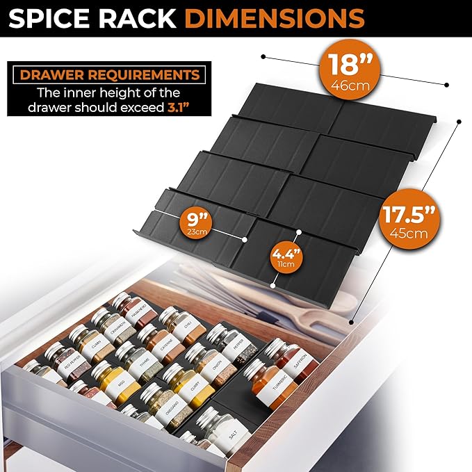 ALCOVA Spice Drawer Organizer, 4 Tier Expandable Spice Rack for Drawer from 9" to 18", Spice Organizer for Drawers and Countertop 8 Pcs Pack (Jars not included)