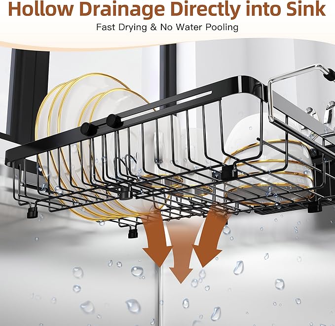 romision Expandable Dish Drying Rack Over The Sink Small Metal Stainless Steel Plate Holder for Compact Kitchen, Space Saving Modern Black Hanging Drainer