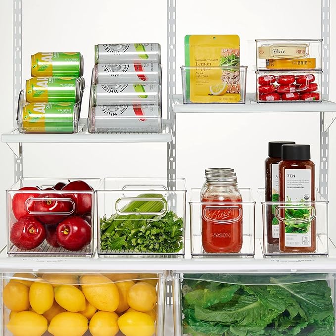 mDesign Plastic Stackable Kitchen Organizer - Storage Bin with Handles for Refrigerator, Freezer, Cabinet, and Pantry Shelves Organization - Food Container - Clear