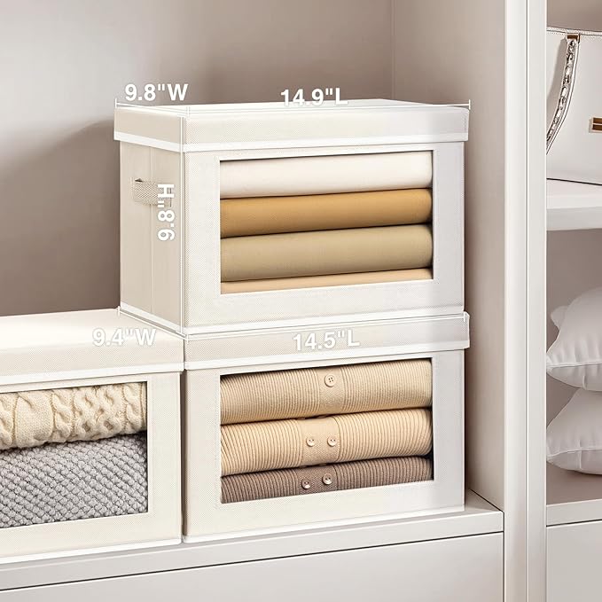 Stackable Storage Bins with Lids - Medium Storage Box with Lids, Foldable Closet Boxes for Organizing, Wardrobe Clothes Organizer with Window, Fabric Bins for Living Room, 6 Pack, Beige