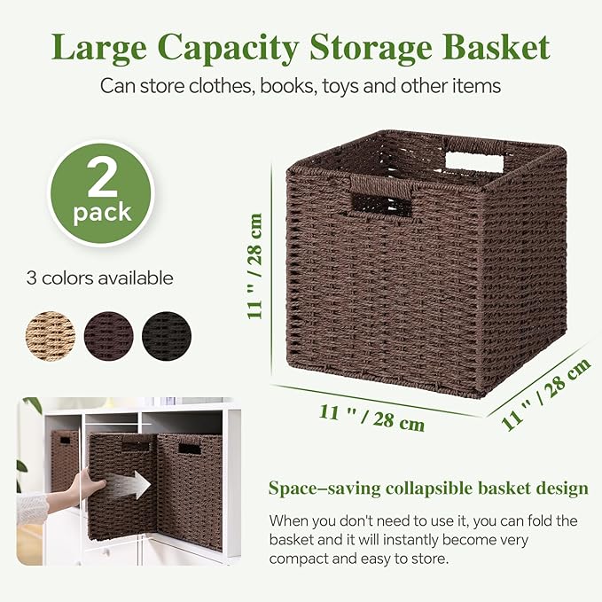 Woven Wicker Storage Baskets 2-Pack, 11x11 Handwoven Paper Rope Organizer Bins, Foldable Cube Storage Cubes with Built-in Handles for Shelves and Closet Organization(Dark Brown）