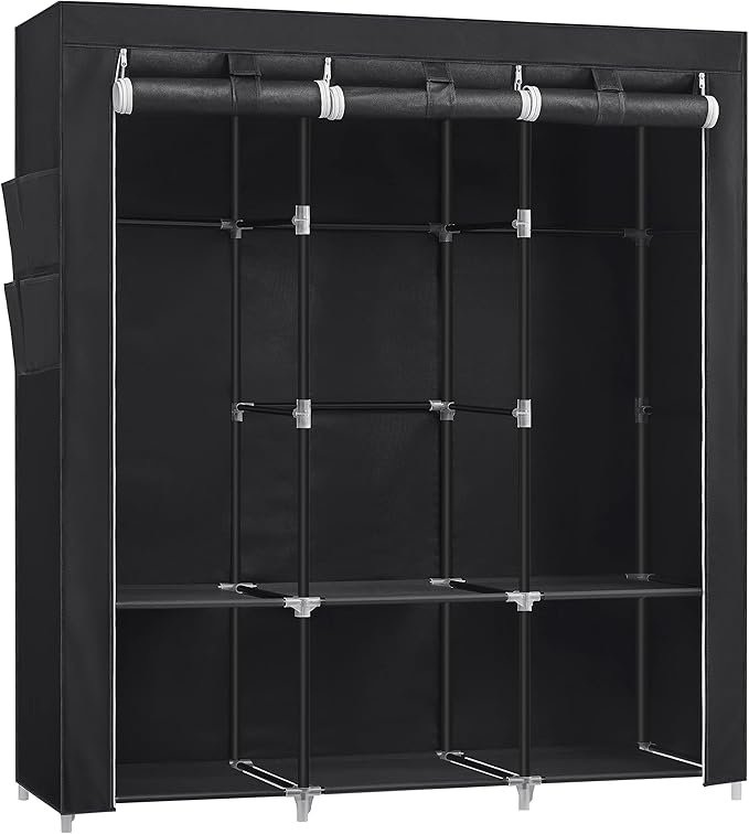 SONGMICS Portable Closet, Wardrobe Closet Organizer with Cover, 3 Hanging Rods and Shelves, 4 Side Pockets, 51.2 x 17.7 x 65.7 Inches, Large Capacity for Bedroom, Living Room, Ink Black URYG092B02