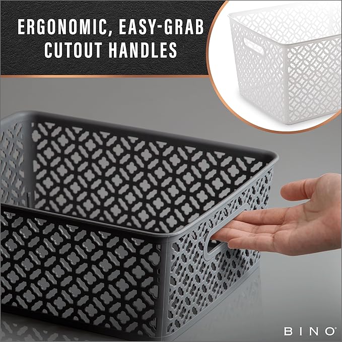 BINO l Plastic Storage Baskets, Medium - White | THE BLOSSOM COLLECTION l Multi-Use Organizer Bin l Built-in Handles l Plastic Woven Basket for Organizing l Pantry & Home Organizing Basket