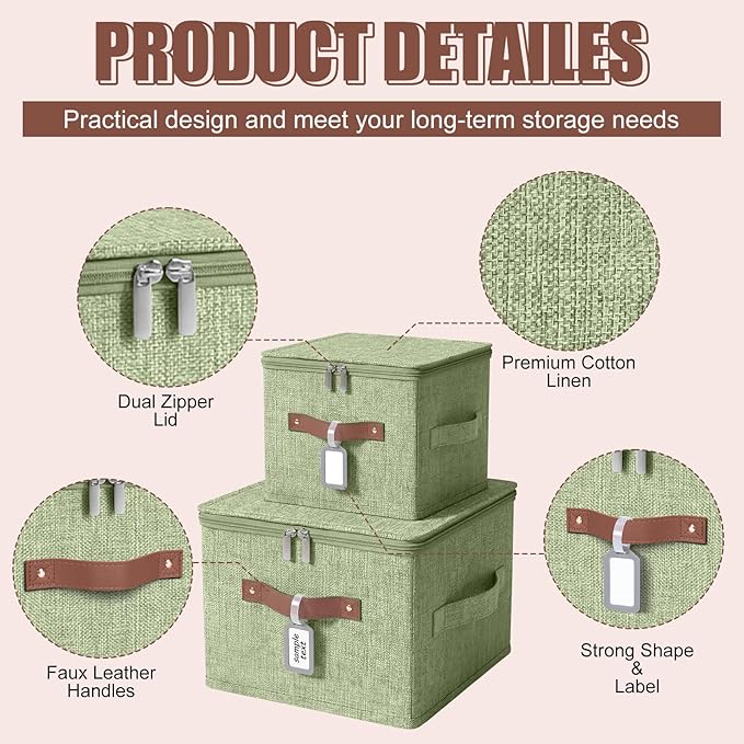 Fiwochic 6 Pack Fabric Storage Bins with Lids, 10x8x7Inch Foldable Cotton Linen Storage Boxes with PU Leather Handles and Label Holders for Closet, Bedroom, Shelf, Nursery, Green
