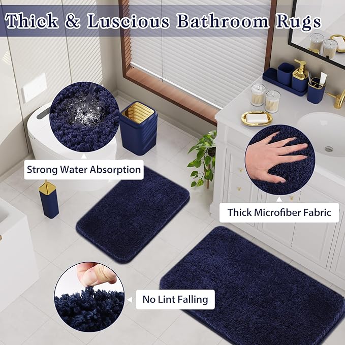 Bathroom Set - Navy Blue Bathroom Sets with Shower Curtain and Rugs, 24PCS Shower Curtain Set with Hooks, Soap Dispenser, Soap Dish, Toilet Brush Holder and Trash Can for Housewarming