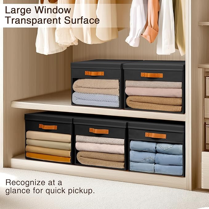 Large Storage Bins with Lids - 3 Pack Foldable Decorative Organizers with Clear Windows & Handles, Cube Storage Organizers for Clothes, Blankets, Sweaters, Sheets, Black