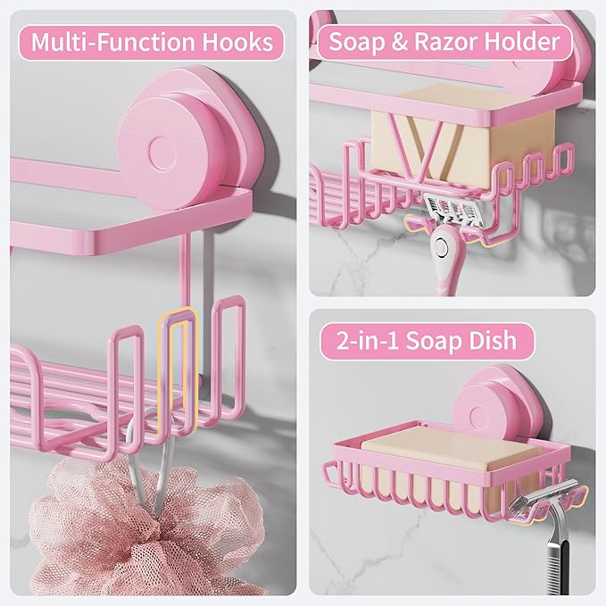 KEGII Suction Cup Shower Caddy – 3 Pack Suction Cup Shelf with Soap Holder & Hooks, Rustproof Stainless Steel Shower Organizer Rack, Removable No Drilling Bathroom Storage Rack, Pink