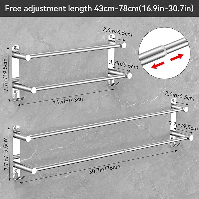 CAXIMSY Adjustable Towel Bar for Bathroom Wall Mount17-30.7inch Adhesive Shower Towel Rack Stainless Steel Bath Towel Holders for Toilet Kitchen Double Towel Hanger (2 Layer)