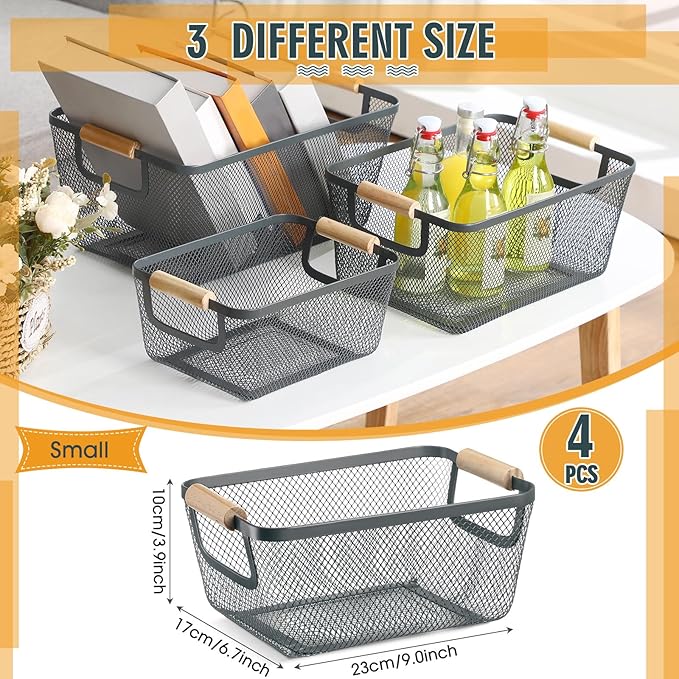 4 Pcs Metal Wire Basket with Wooden Handles Mesh Steel Storage Organizer Bin Containers for Home Organizing Cabinet Pantry Closet Kitchen Fridge Fruit Makeup Snacks Gifts(Small,Dark Gray)