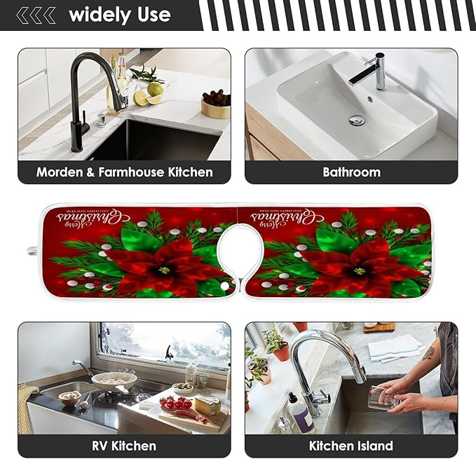 2 Pack Sink Splash Guard Merry Christmas Red Poinsettia Kitchen Faucet Absorbent Sink Mat for Faucet Kitchen Guard Drip Catcher Drying Mat for Farmhouse Barthroom Bar,L